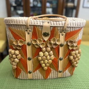 Vtg 1960's BIG Woven Yarn Straw Tropical Beachy Basket Bucket Bag Mexico